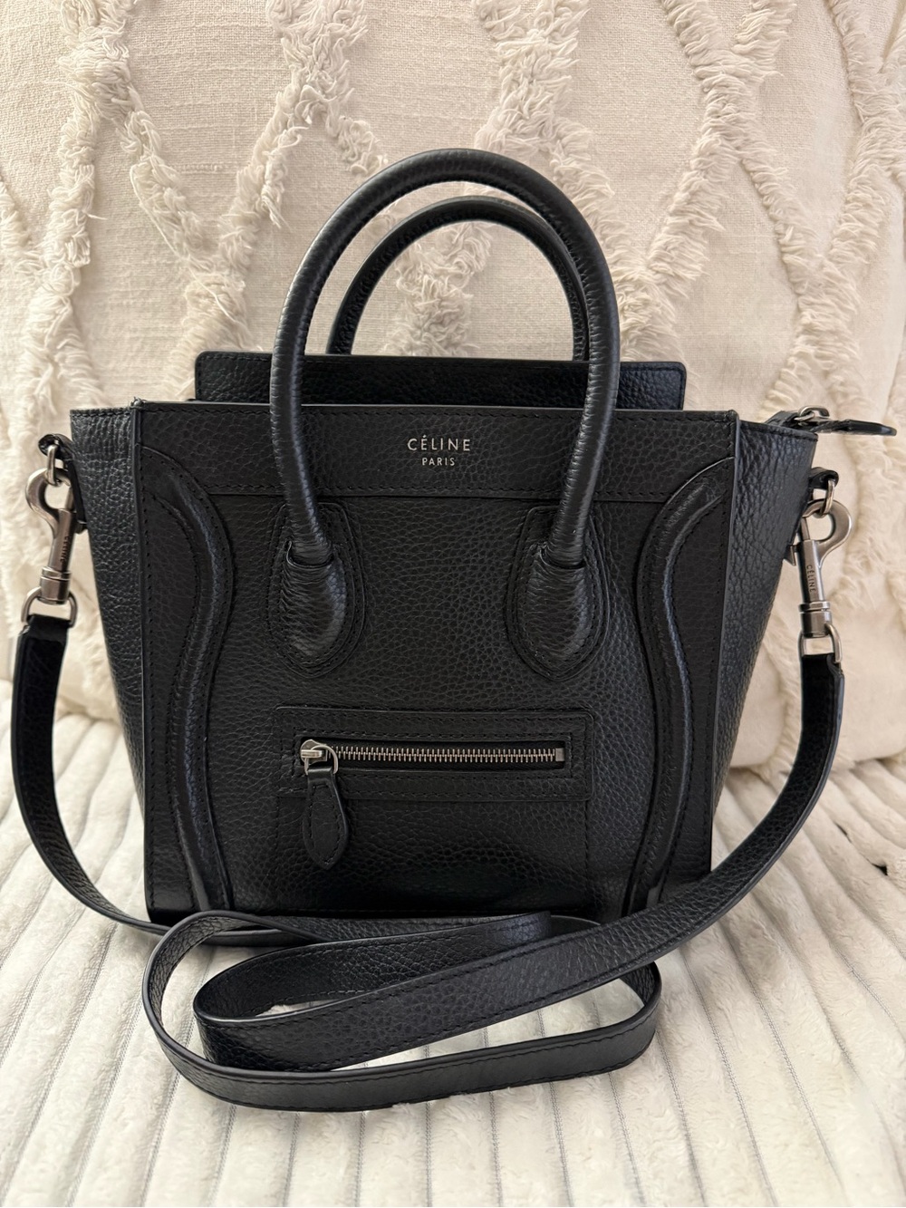 Authentic drummed calfskin Celine Black Leather nano Luggage Tote